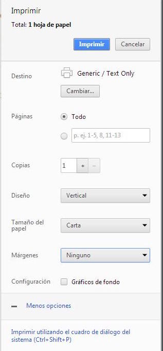 Menu de Configuracion de Impresión